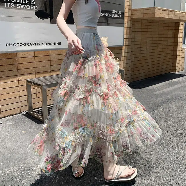 水中花 高腰显瘦蓬蓬裙花色拼接不对称荷叶边透气垂感休闲长裙 女款