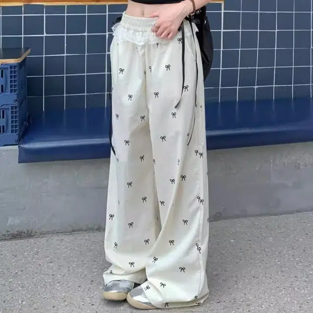 水中花 韩版蕾丝边拼接蝴蝶结阔腿高腰宽松透气垂感休闲裤 女款