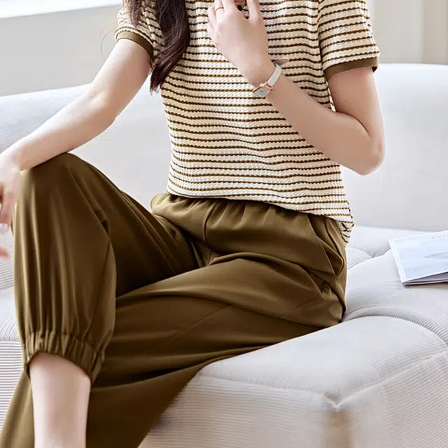水中花 韩版高腰显瘦条纹百搭修身九分裤透气垂感休闲裤 女款