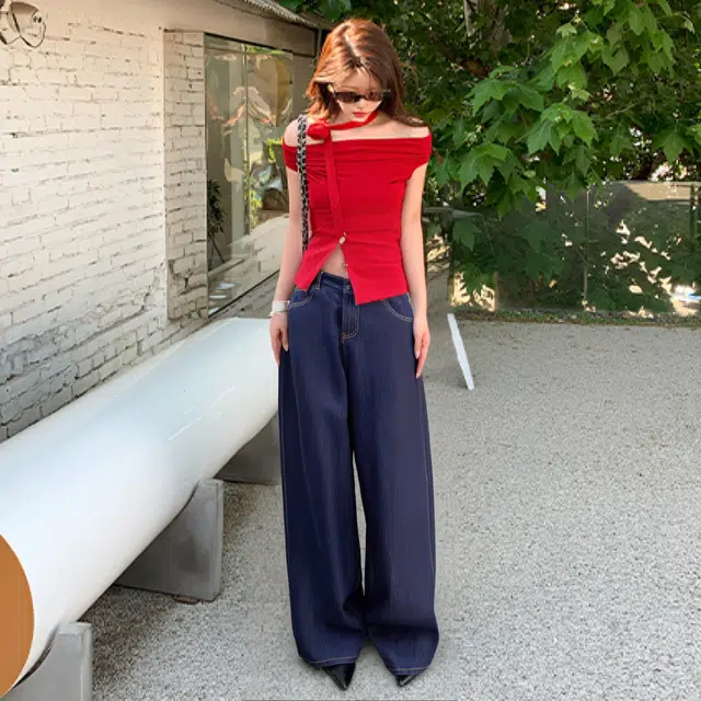水中花 美式宽松直筒街头休闲百搭时尚牛仔裤 女款 蓝色