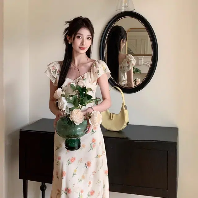 水中花 碎花高腰显瘦法式短袖连衣裙 女款