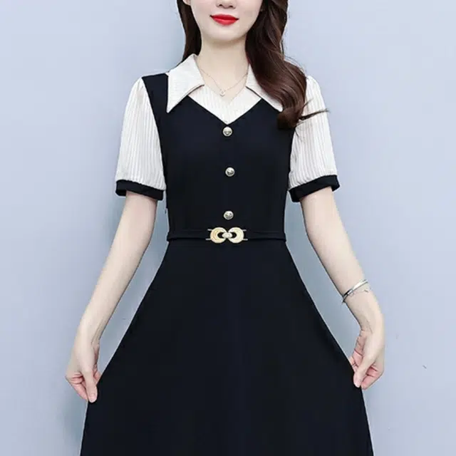 水中花 妈妈装气质遮肉显瘦中年条纹西服领拼色时尚短袖连衣裙 女款