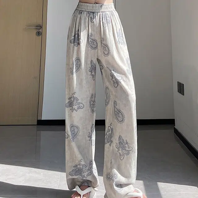 水中花 复古时尚印花图案高腰设计阔腿垂坠遮肉显瘦休闲裤 女款
