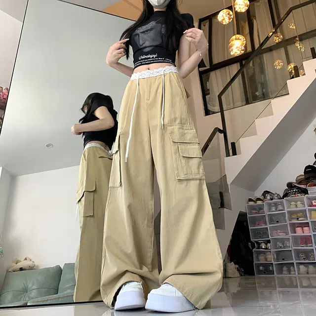 水中花 法式时尚高腰显瘦蕾丝拼接宽松阔腿口袋设计休闲裤 女款