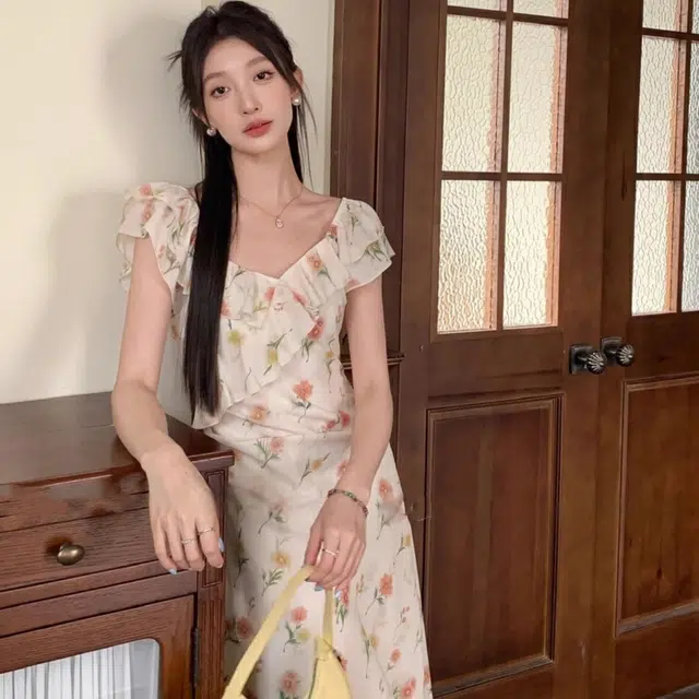 水中花 碎花高腰显瘦法式短袖连衣裙 女款