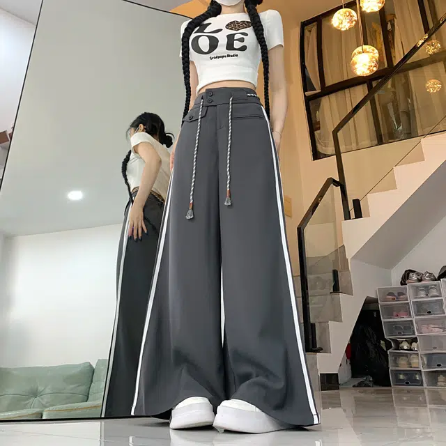 水中花 时尚百搭高腰显瘦垂感条纹绑带设计宽松直筒舒适休闲裤 女款