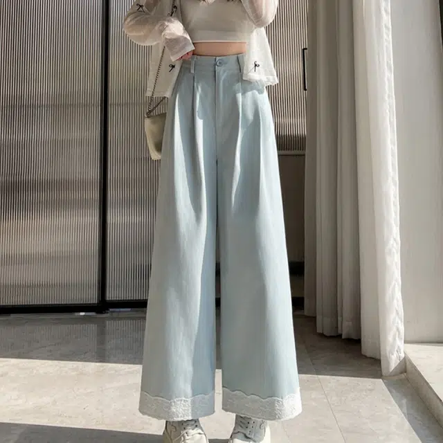 水中花 高腰显瘦蕾丝拼接阔腿宽松透气垂感舒适休闲裤 女款