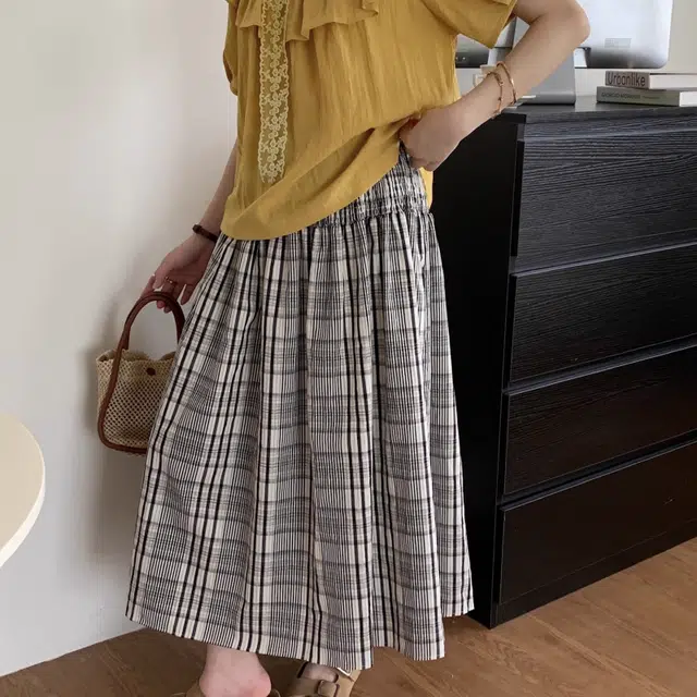 水中花 复古宽松设计感格子高腰显瘦松紧腰小众高级百搭休闲长裙 女款