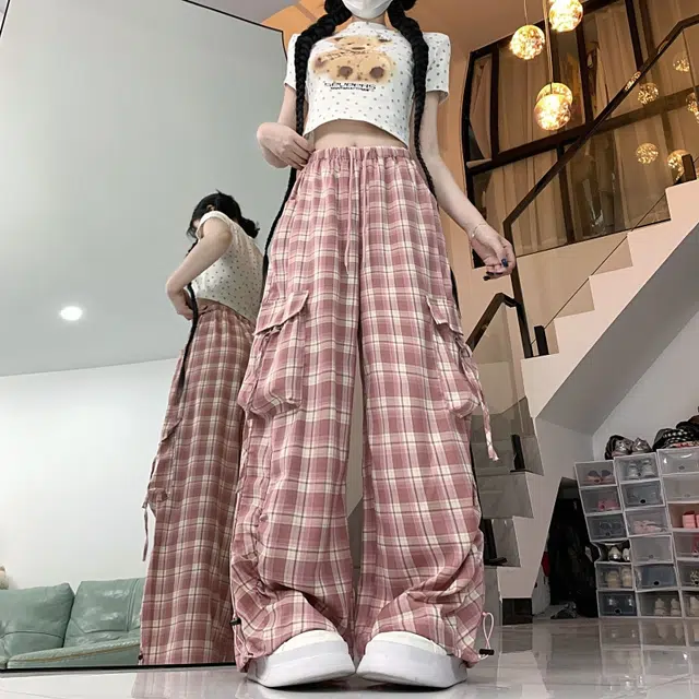 水中花 格子图案大口袋抽绳设计感束脚褶皱透气舒适休闲裤 女款