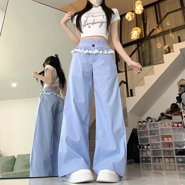 水中花 韩版时尚高腰阔腿蕾丝花边格纹宽松透气休闲裤 女款
