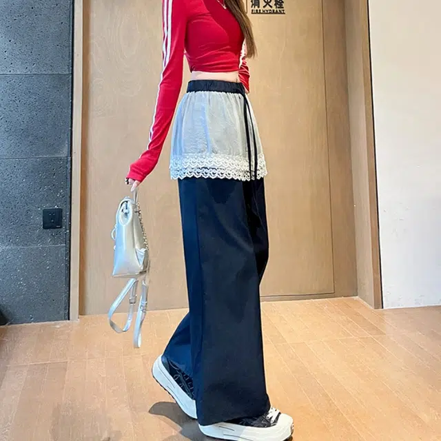 水中花 高腰显瘦蕾丝拼接阔腿垂感宽松时尚百搭长裤休闲裤 女款