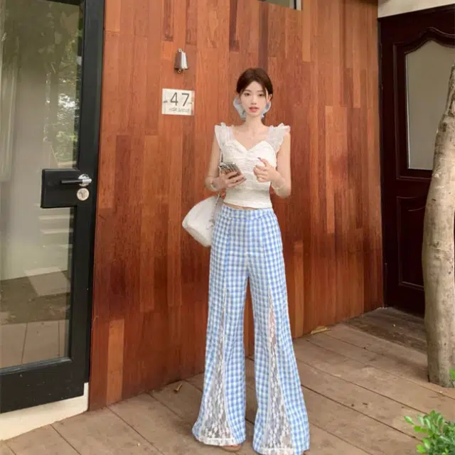 水中花 甜美风格纹蕾丝拼接阔腿裤修身褶皱设计透气舒适休闲套装 女款