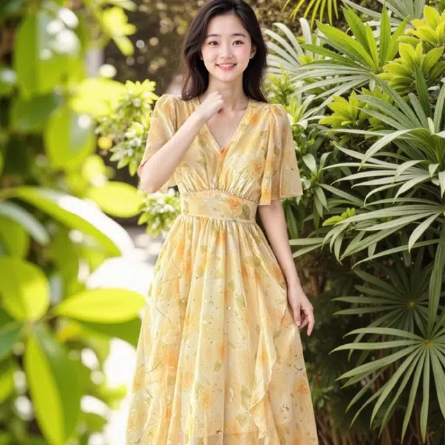 水中花 高级感收腰显瘦高贵气质晚宴长裙法式名媛碎花短袖连衣裙 女款