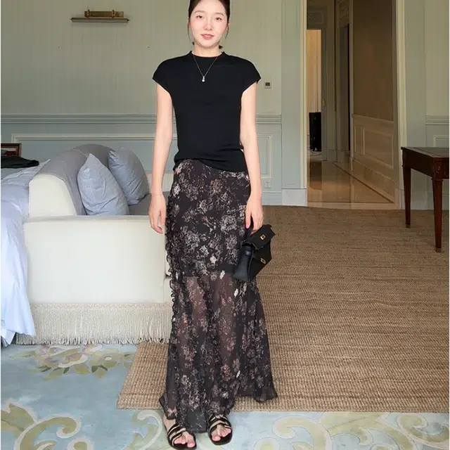 水中花 韩版鱼尾裙摆印花设计高腰修身垂感优雅休闲长裙 女款
