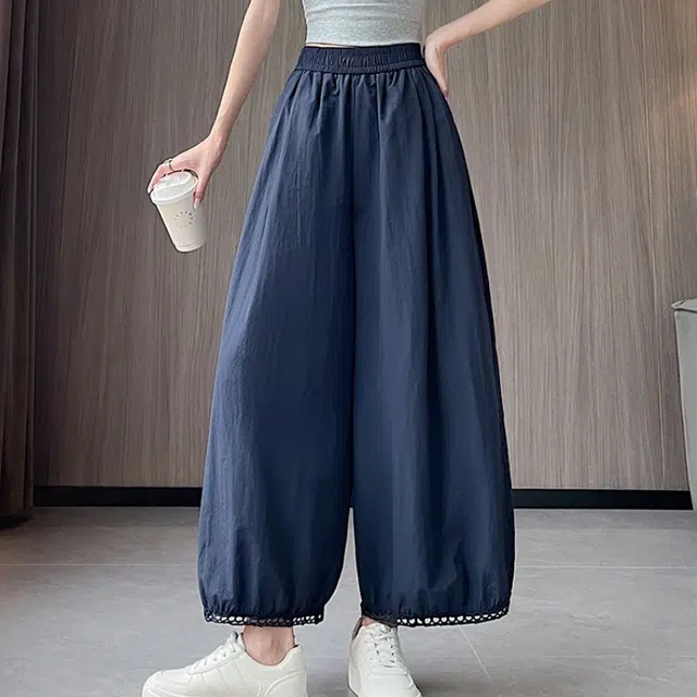 水中花 法式慵懒高腰显瘦阔腿垂感蕾丝拼接百搭宽松休闲裤 女款