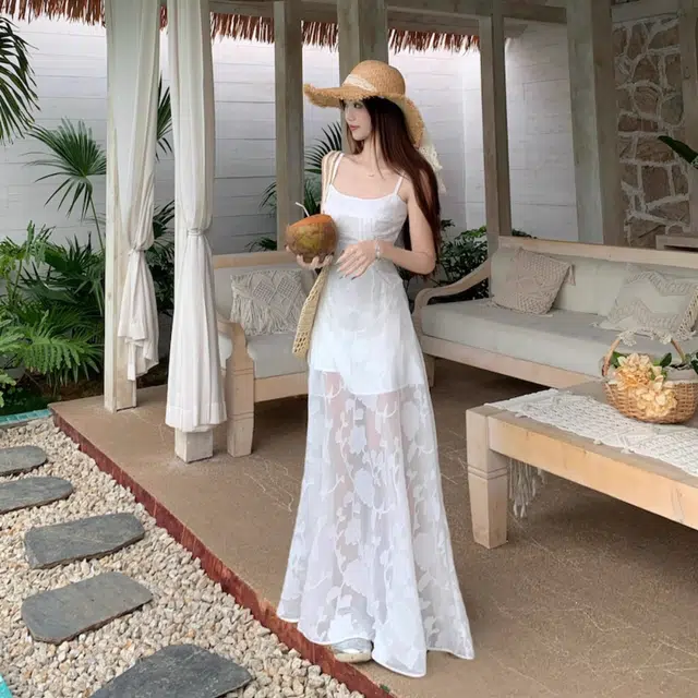 水中花 度假风甜美清纯优雅气质修身拼接收腰显瘦吊带连衣裙 女款