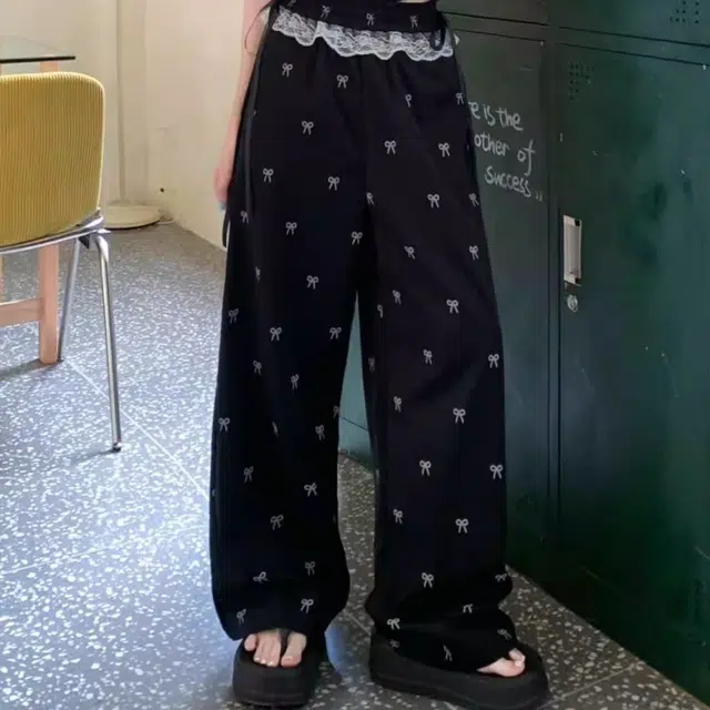 水中花 韩版蕾丝边拼接蝴蝶结阔腿高腰宽松透气垂感休闲裤 女款