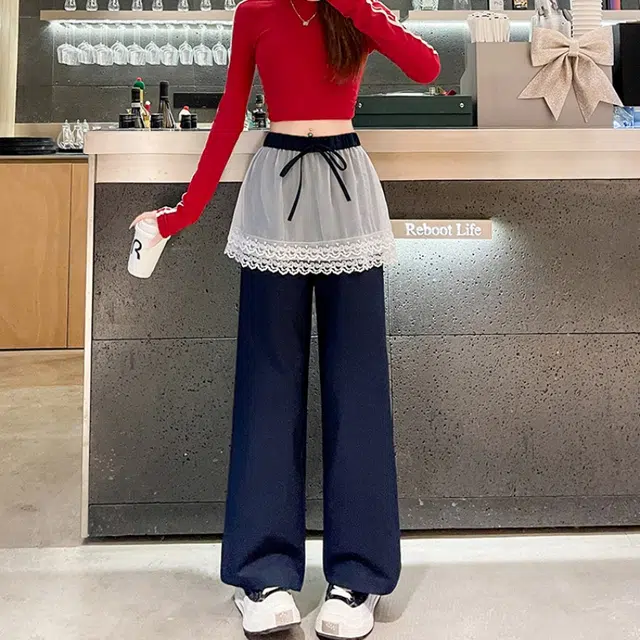 水中花 高腰显瘦蕾丝拼接阔腿垂感宽松时尚百搭长裤休闲裤 女款