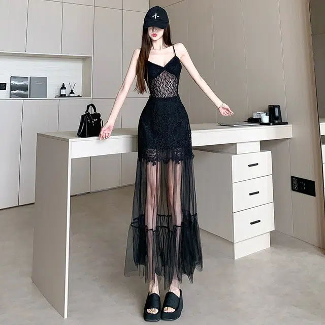 水中花 高腰显瘦拼接包臀修身垂感设计时尚小众别致高级百搭休闲长裙 女款