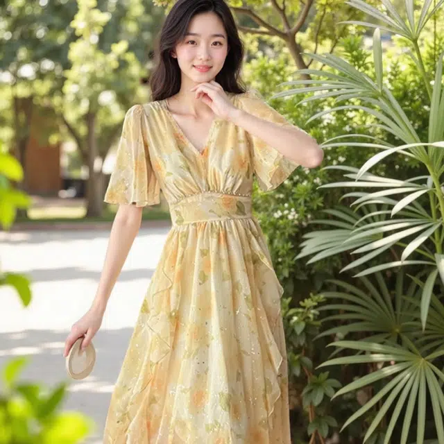 水中花 高级感收腰显瘦高贵气质晚宴长裙法式名媛碎花短袖连衣裙 女款