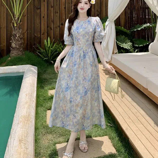 水中花 大码韩系高级感碎花油画风裙子短袖连衣裙 女款
