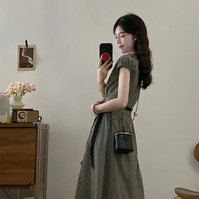 水中花 大码优雅气质棉麻经典格子收腰裙子短袖连衣裙 女款