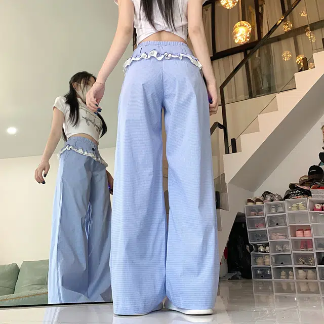 水中花 韩版时尚高腰阔腿蕾丝花边格纹宽松透气休闲裤 女款