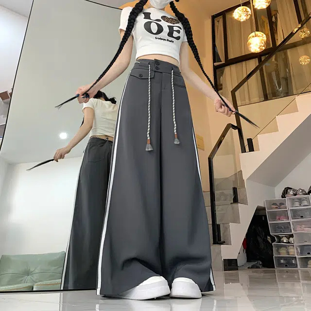 水中花 时尚百搭高腰显瘦垂感条纹绑带设计宽松直筒舒适休闲裤 女款
