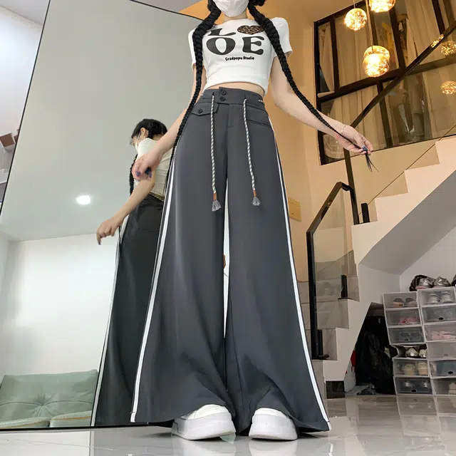 水中花 时尚百搭高腰显瘦垂感条纹绑带设计宽松直筒舒适休闲裤 女款