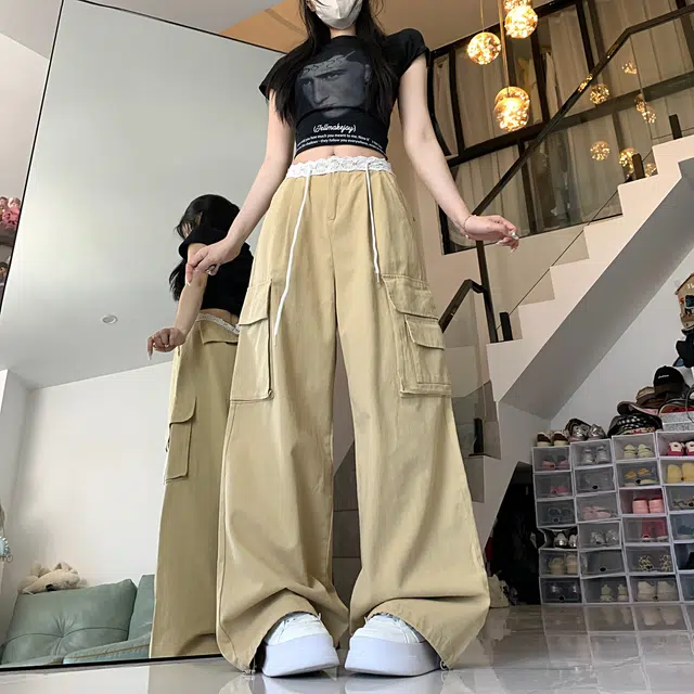 水中花 法式时尚高腰显瘦蕾丝拼接宽松阔腿口袋设计休闲裤 女款