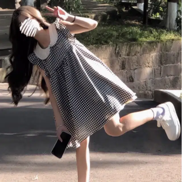 水中花 法式甜美坎肩小个子裙子娃娃领格子裙飞飞袖气质无袖连衣裙 女款