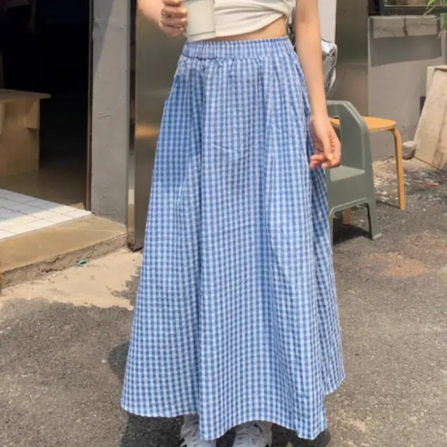 水中花 复古时尚格子高腰设计宽松文艺清新休闲长裙 女款