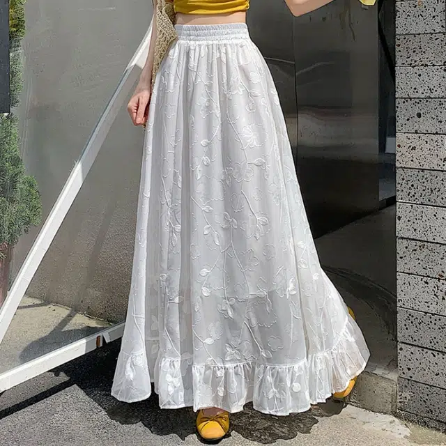 水中花 法式时尚高腰显瘦提花刺绣花朵宽松垂感休闲长裙 女款