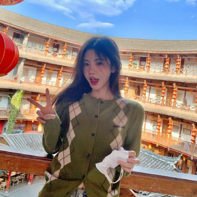 水中花 菱形格子纯羊毛开衫单排扣长袖针织衫 男女同款 绿色
