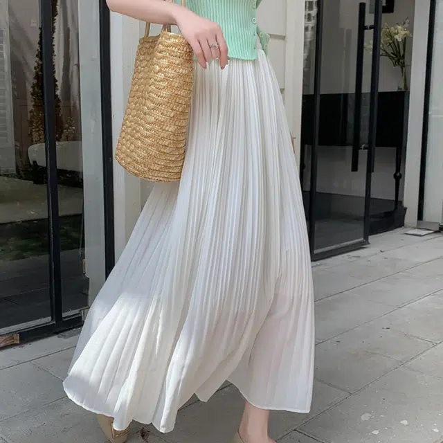 水中花 法式优雅高腰显瘦百褶垂坠遮胯宽松压褶设计休闲长裙 女款