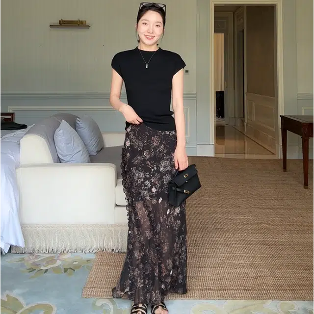 水中花 韩版鱼尾裙摆印花设计高腰修身垂感优雅休闲长裙 女款
