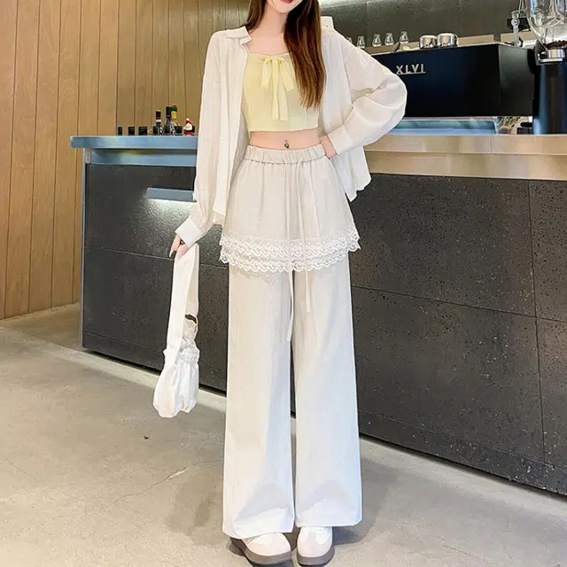 水中花 高腰显瘦蕾丝拼接阔腿垂感宽松时尚百搭长裤休闲裤 女款