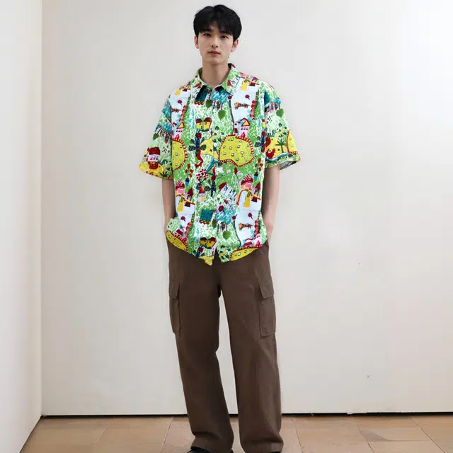 水中花 潮牌时尚百搭衬衣潮流短袖衬衫 男女同款 绿色