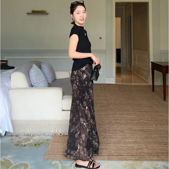 水中花 韩版鱼尾裙摆印花设计高腰修身垂感优雅休闲长裙 女款