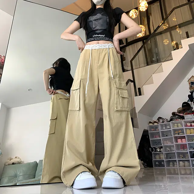 水中花 法式时尚高腰显瘦蕾丝拼接宽松阔腿口袋设计休闲裤 女款