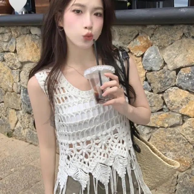 水中花 民族风网织镂空针织背心 女款 米白色