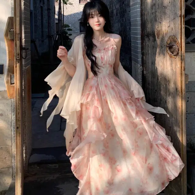 水中花 法优雅碎花长裙气质收腰显瘦荷叶边设计甜美晕染裙装套装 女款
