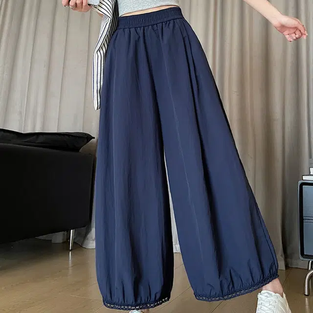 水中花 法式慵懒高腰显瘦阔腿垂感蕾丝拼接百搭宽松休闲裤 女款