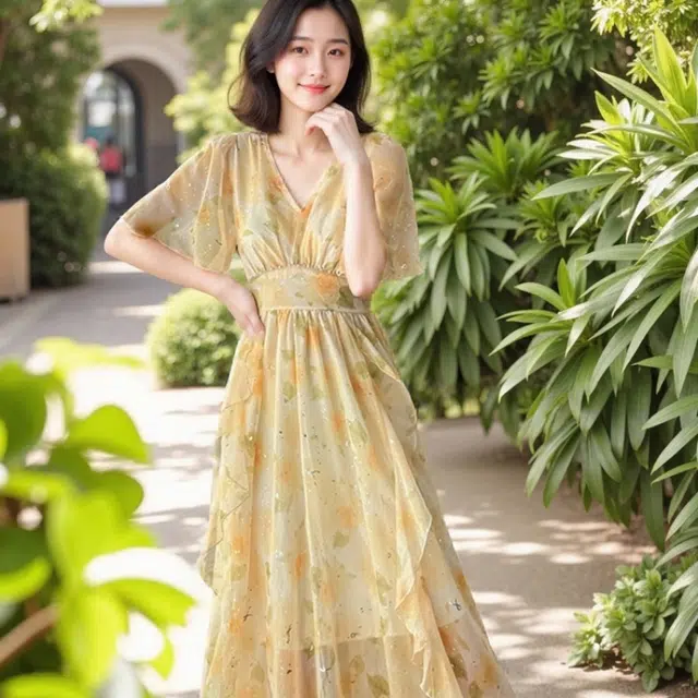 水中花 高级感收腰显瘦高贵气质晚宴长裙法式名媛碎花短袖连衣裙 女款