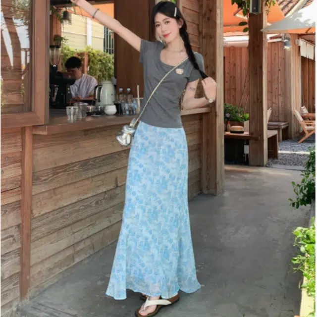 水中花 法式时尚碎花图案鱼尾高腰修身清新百搭休闲长裙 女款