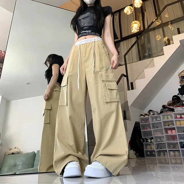 水中花 法式时尚高腰显瘦蕾丝拼接宽松阔腿口袋设计休闲裤 女款