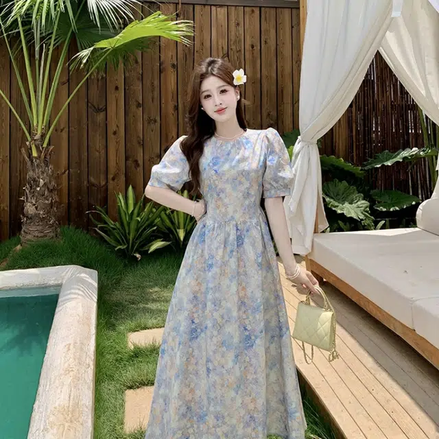 水中花 大码韩系高级感碎花油画风裙子短袖连衣裙 女款