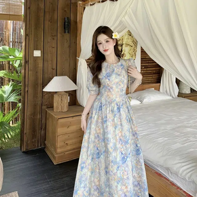水中花 大码韩系高级感碎花油画风裙子短袖连衣裙 女款