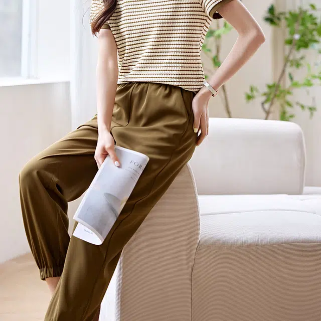 水中花 韩版高腰显瘦条纹百搭修身九分裤透气垂感休闲裤 女款