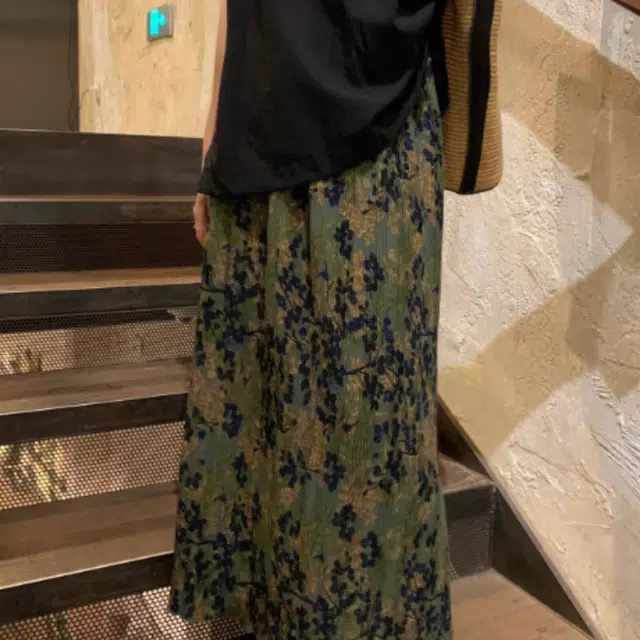 水中花 法式高腰显瘦褶皱设计复古印花直筒开叉垂感休闲长裙 女款